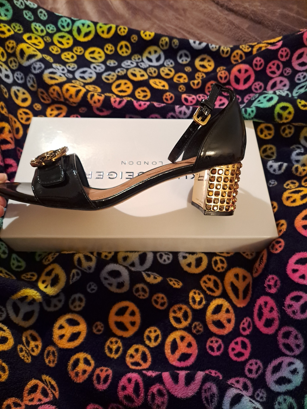 Kurt Geiger Black Patent Leather Ankle Strap Heels with Gold Buckle Detail - Picture 2 of 7